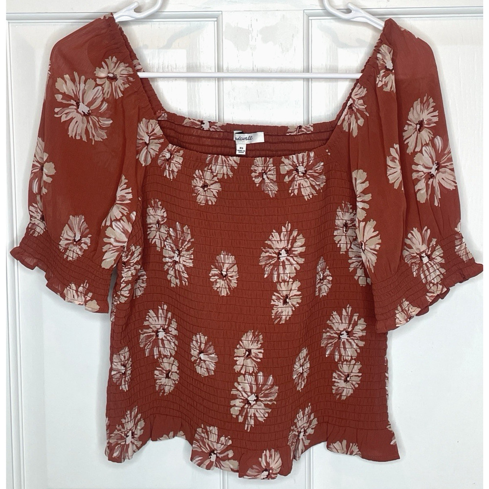 Madewell Women's Floral Smocked Top Sz XS Ruffle Puff Sleeve Cottagecore Boho
